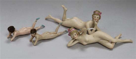 Four early 20th century German bisque nude figures of ladies, two with impressed marks 407K